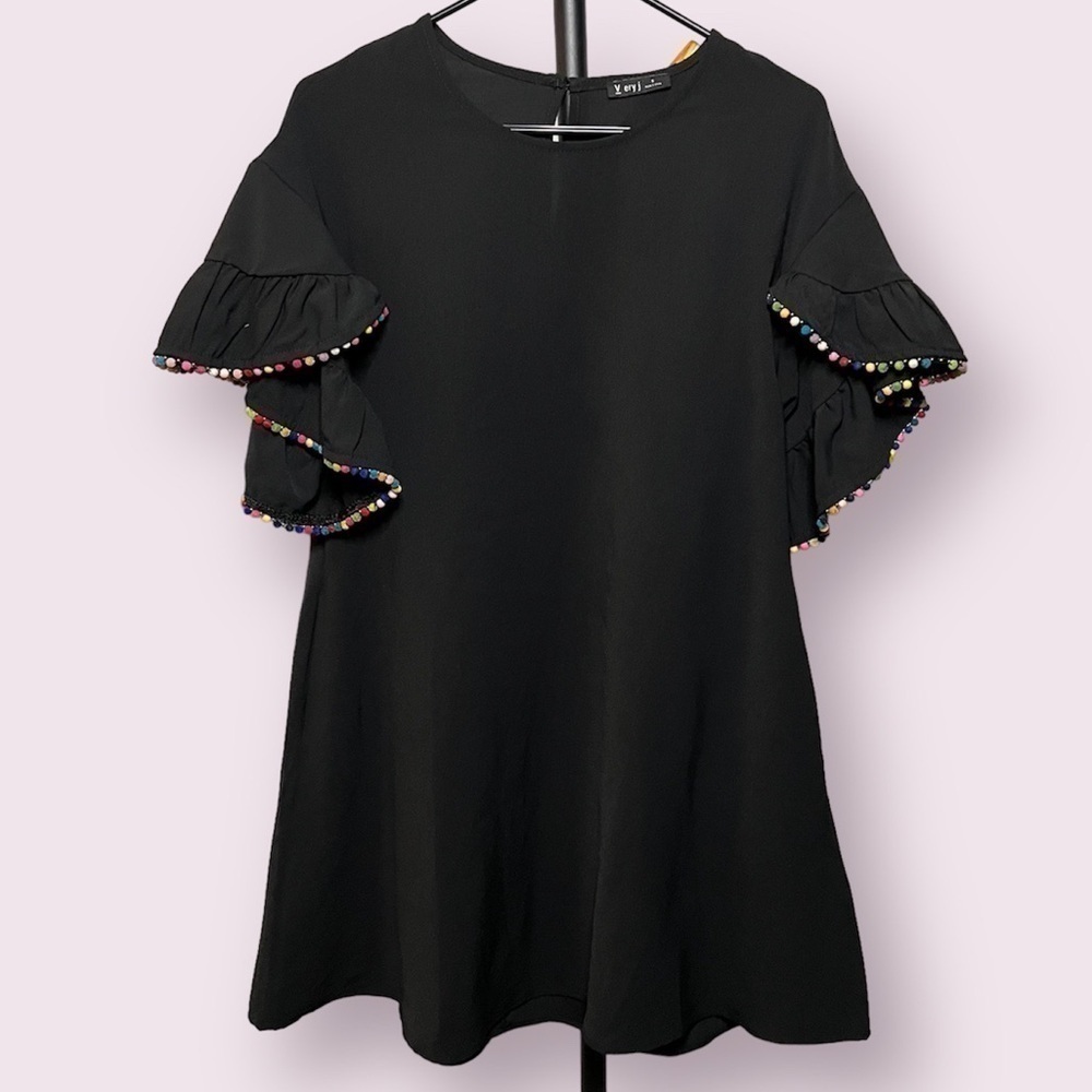 Very J Black Shift Dress with Rainbow Pom Pom Ruffle Sleeves Small